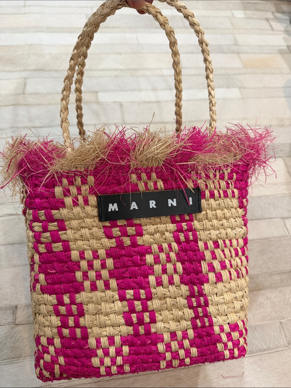Marni Fuschia Pink and Natural Raffia Fringe Tote